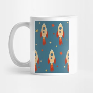 Retro Rocket Ships and Stars repeat pattern on blue background Mug